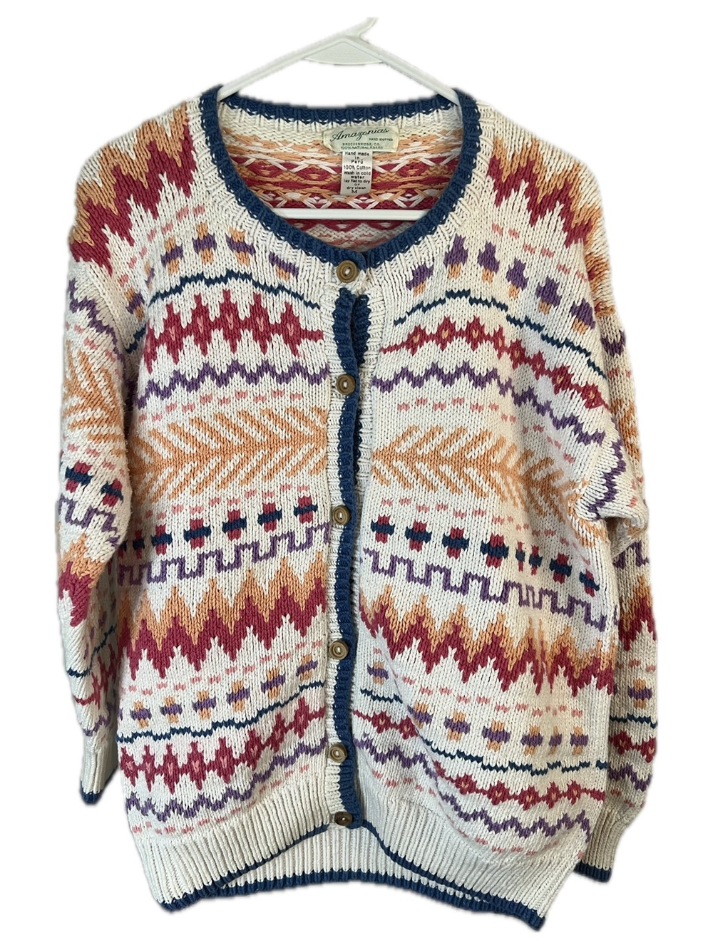 Amazonias Vintage Hand knit Cream Multicolor Fair Isle Cardigan with Navy Trim